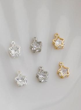 202614K包金保色锆石花朵吊坠对夹小花挂件材料diy手链项链饰品配