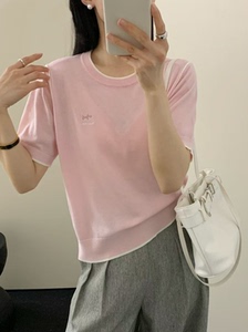 短袖撞色2025新款夏季减龄针织衫宽松显瘦百搭圆领上衣时尚休闲风