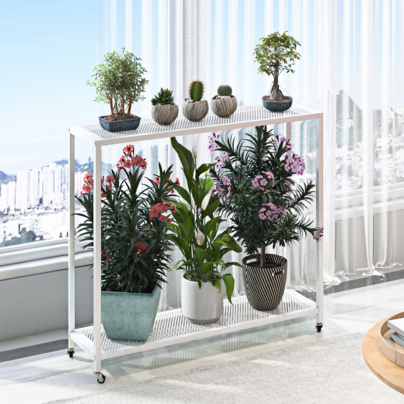 铁艺带轮轻奢风落地双层长条花架