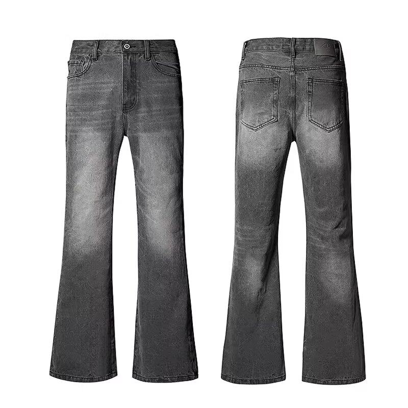 美式高街烟灰色微喇牛仔裤男高腰垂坠感修身显瘦高级感直筒休闲裤