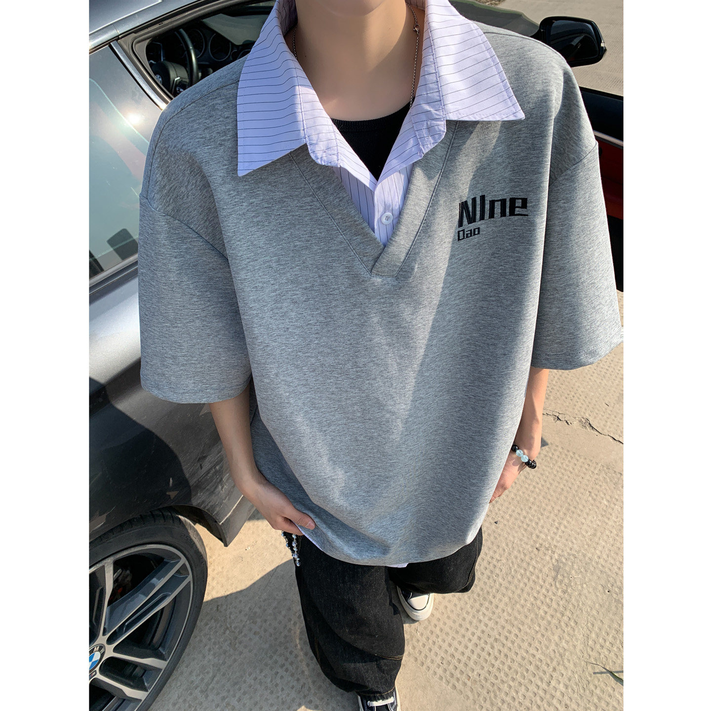 假两件带翻领短袖T恤男士新款潮牌青少年高初中生学院风半袖上衣