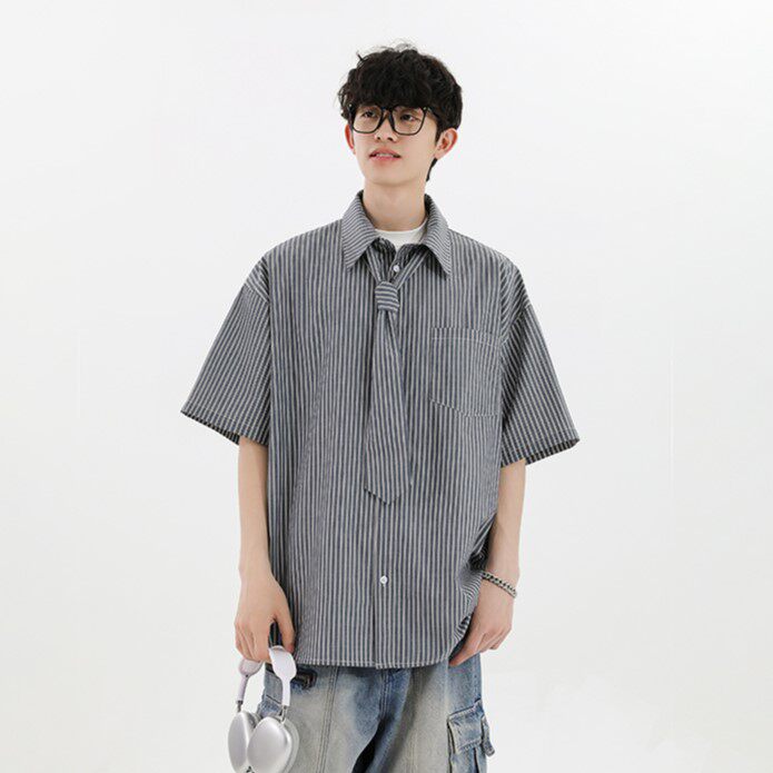领带蓝色条纹衬衫男短袖夏季日系穿搭纯棉半袖衬衣痞帅高级感上衣