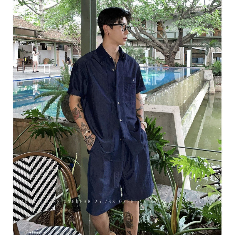 老钱风休闲套装男士夏季海边穿搭棉麻短袖衬衫慵懒风沙滩裤一整套