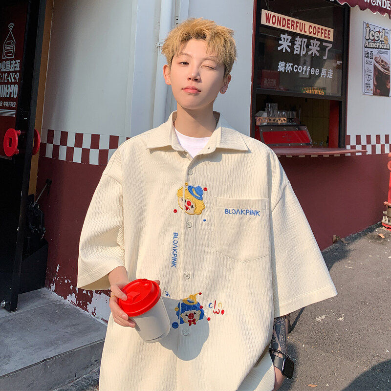 肌理感刺绣短袖衬衫男款夏季潮牌美式防晒衬衣宽松休闲五分袖外套