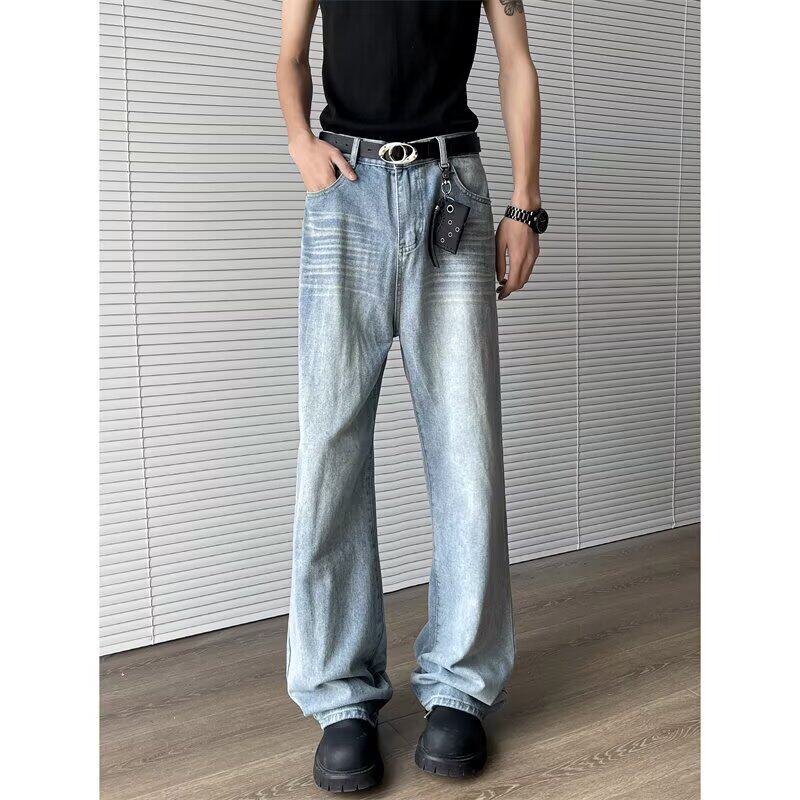 夏季美式cleanfit水洗浅蓝牛仔裤男生宽松直筒微喇裤半松紧腰高街