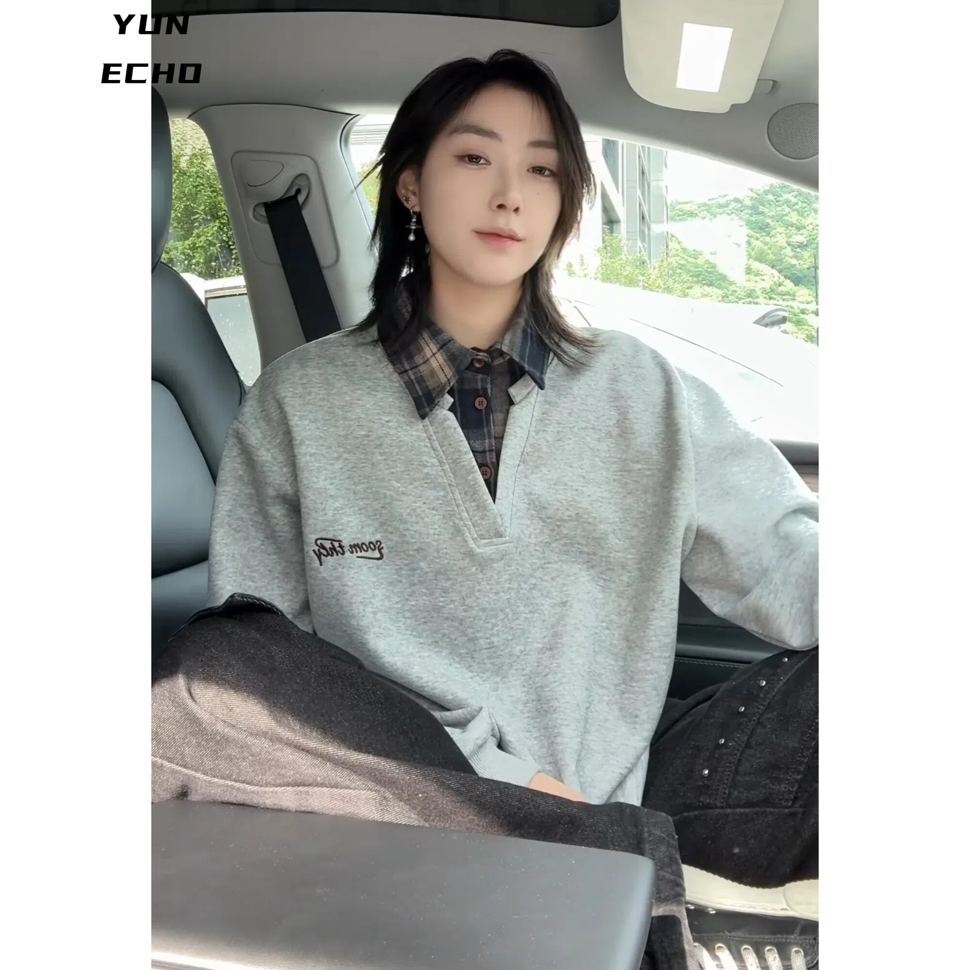 假两件拼接衬衫领卫衣男女