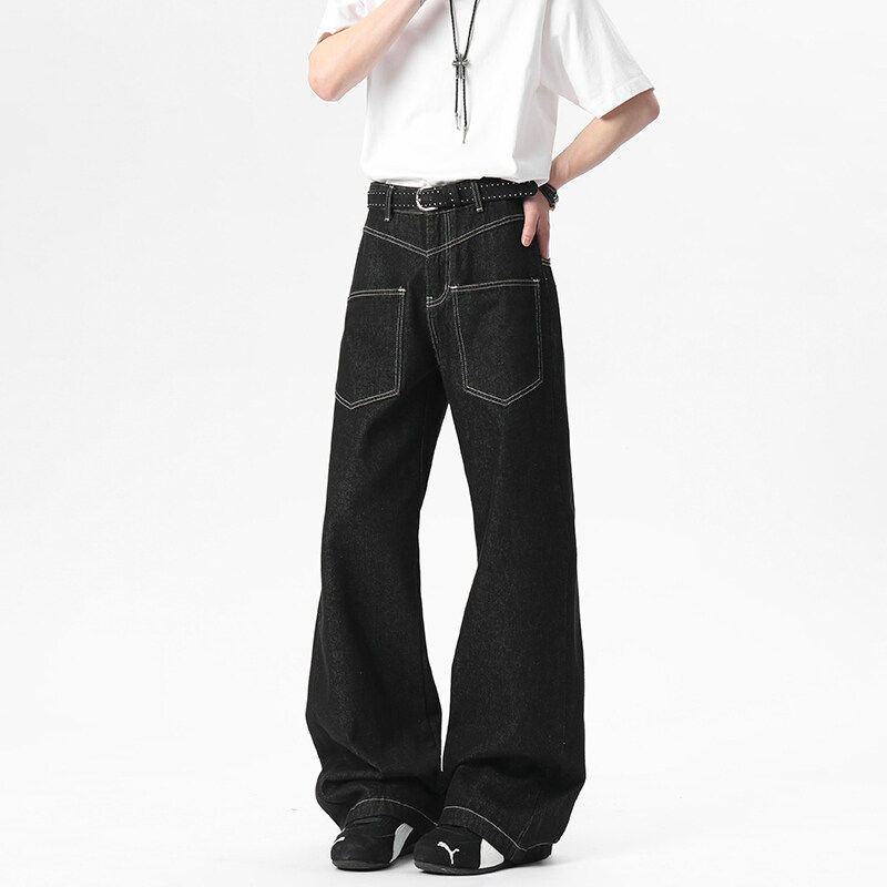 复古丹宁黑色阔腿弯刀牛仔裤男款潮牌反穿明线设计感宽松微喇裤子