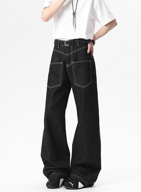 复古丹宁黑色阔腿弯刀牛仔裤男款潮牌反穿明线设计感宽松微喇裤子