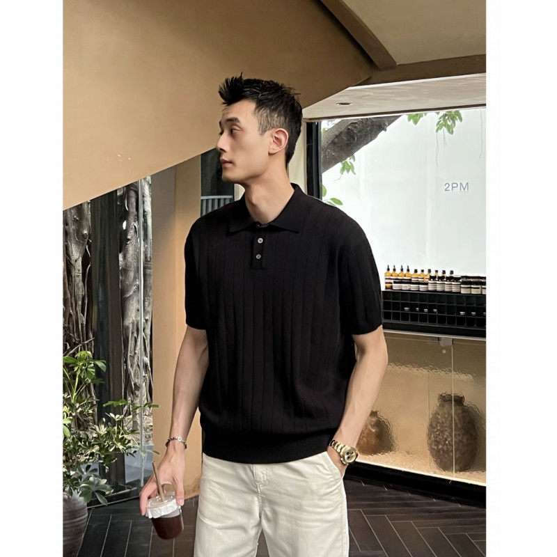 老钱风竖条纹针织短袖POLO衫男款夏季休闲半袖T恤高级感翻领上衣