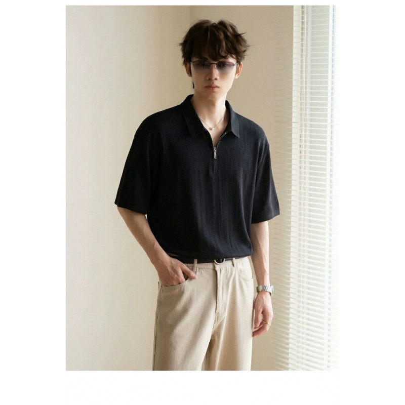 薄款2026棉男款短袖立领复古休闲T恤衬衫宽松纯棉男士短袖T恤