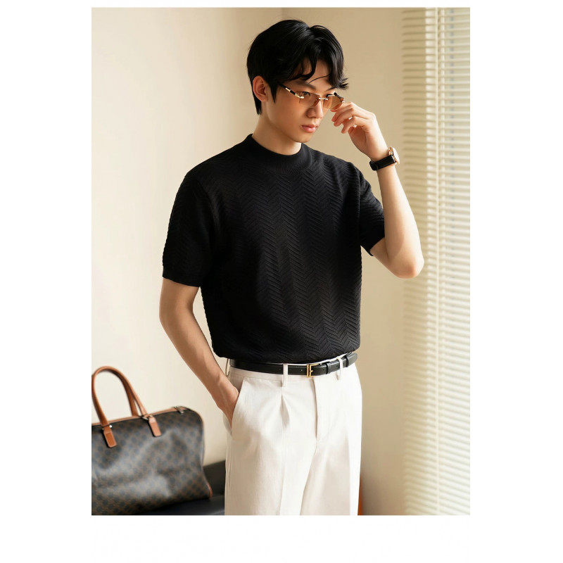 老钱风冰丝针织短袖男士夏季高级感正肩圆领t恤修身弹力运动半袖