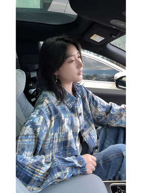 vintage绿色扎染格子衬衫男款美式复古情侣长袖衬衣外套叠穿上衣