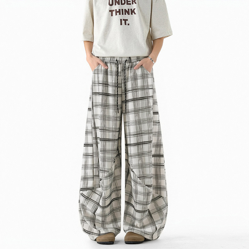 慵懒风条纹格子阔腿裤男生春季宽松直筒时尚百搭休闲裤垂感西裤