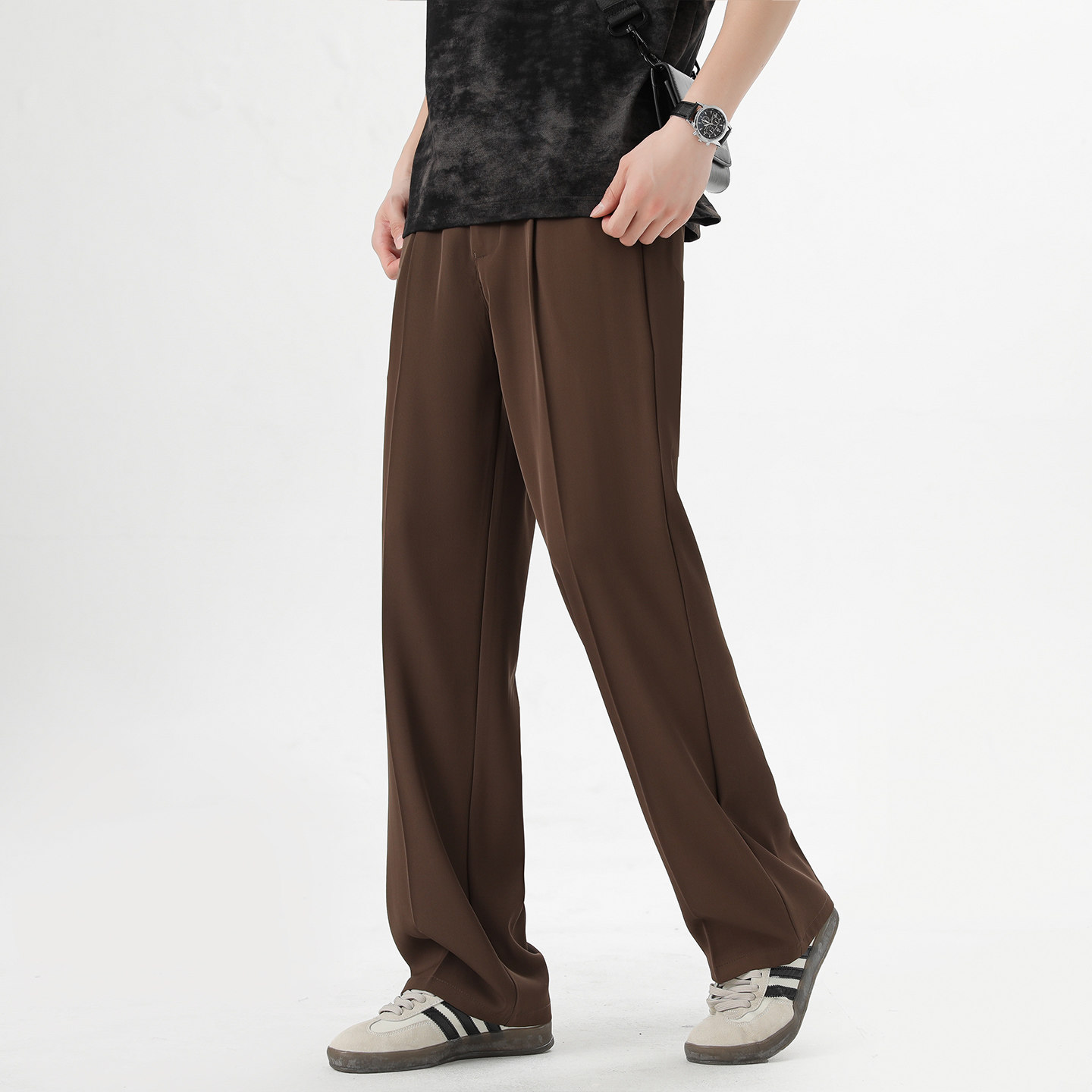 简约休闲风垂感阔腿西裤男宽松直筒咖色高级感长裤垂坠感阔腿裤