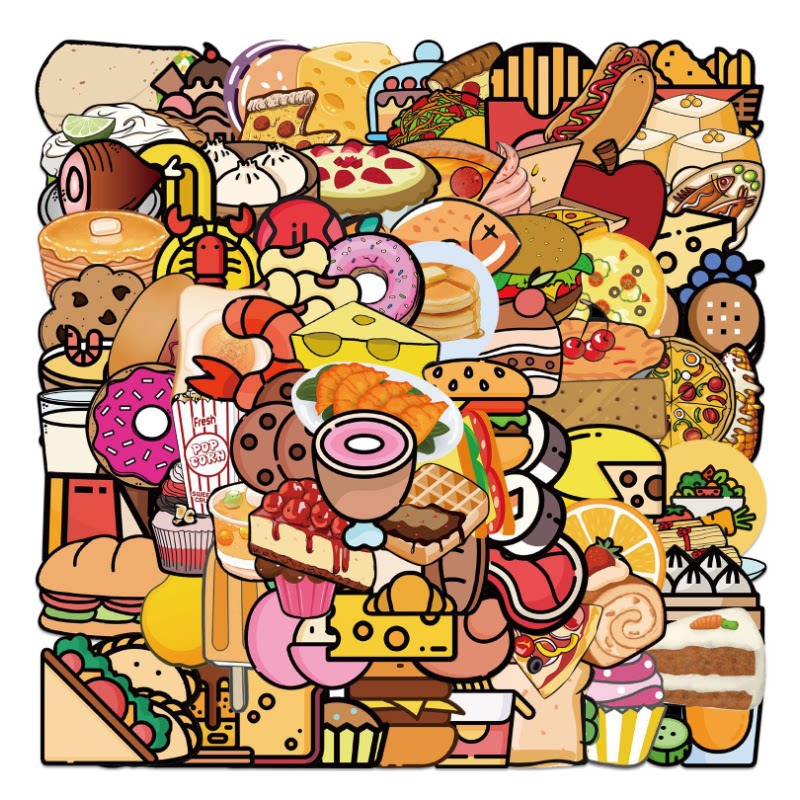 100张卡通美味食物涂鸦贴纸行李箱笔记本手机壳头盔电瓶车防水贴