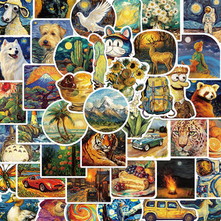 50张油画万物梵高风贴纸ins风手机壳装饰电脑行李箱贴画ipad防水笔记本个性手机壳