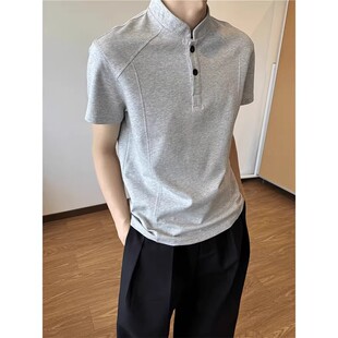 上衣polo衫 美式 正肩显瘦短款 复古亨利领T恤男夏季 高级感痞帅短袖