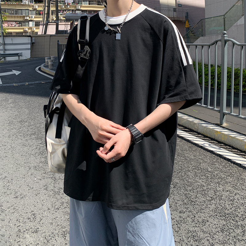 美式三杠宽松半袖t恤简约上衣男