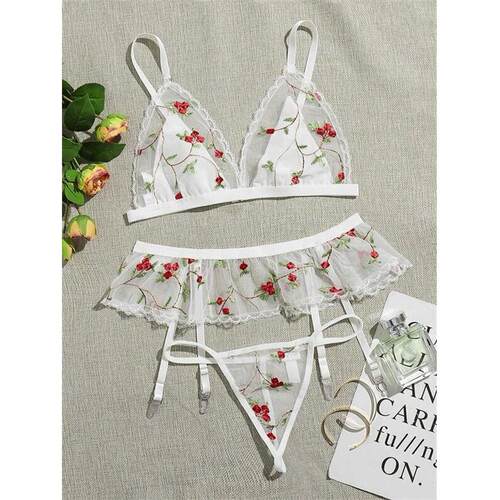 Erotic lingerie Sexy women's tulle underwear three-piece