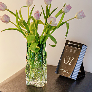 花瓶摆件客厅插花高级感玻璃绿色创意水晶装 饰水培鲜花玫瑰郁金香