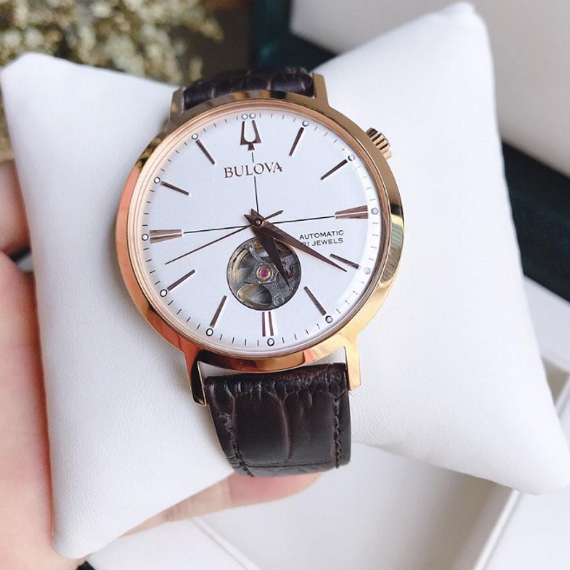 正品直邮宝路华手表bulova 商务休闲棕色真皮自动机械男表 97a136