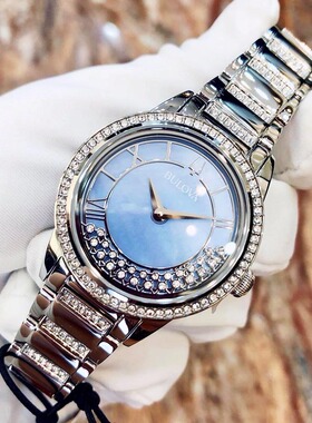 代购 宝路华Bulova 蓝色镶钻贝母表盘银色钢带休闲女士腕表96L260