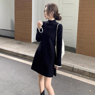 2025秋冬新款 打底小个子a字毛衣裙子 内搭针织连衣裙女黑裙中长款