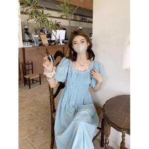 年夏季新款小众别致连衣裙女装气质感收腰显瘦过膝长裙子
