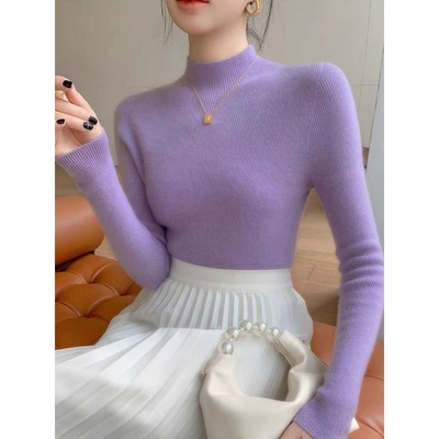 轻奢修身打底衫女长袖中领针织外穿洋气毛衣女半高领修身显瘦内搭