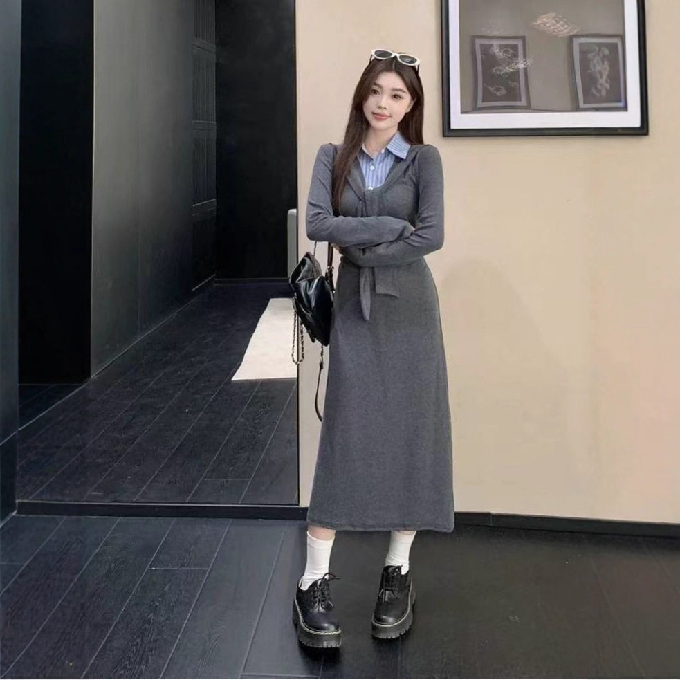 学院风假两件针织连衣裙女秋冬收腰绑带包臀裙灰色毛衣裙子衬衫裙