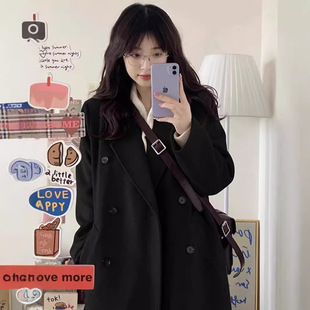 学生韩版 新款 宽松显瘦 呢子大衣2025年秋冬季 黑色毛呢外套女中长款