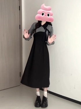 法式黑色长袖连衣裙子女春秋季2025新款小个子入秋一整套穿搭套装
