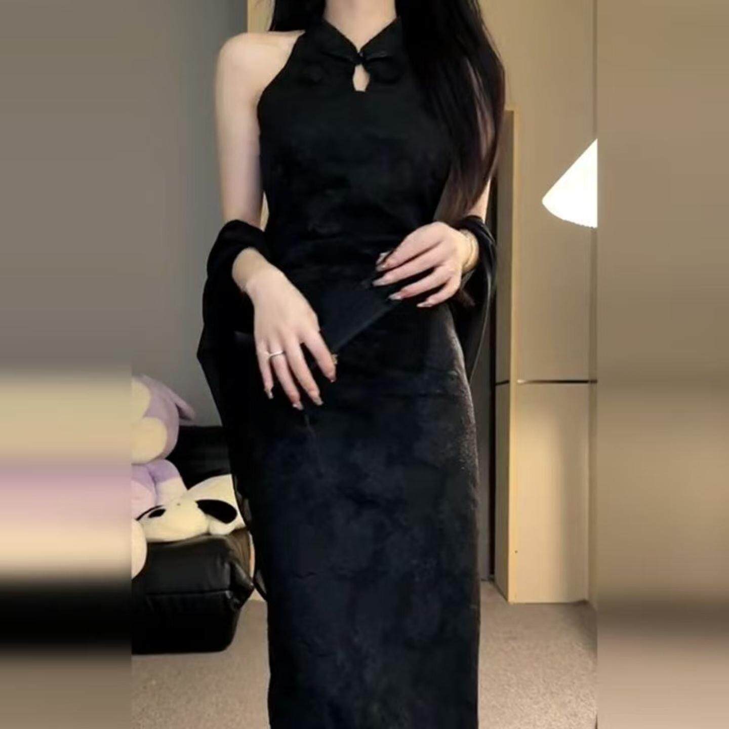 新中式改良旗袍连衣裙子女装新款夏季小个子黑色套装裙