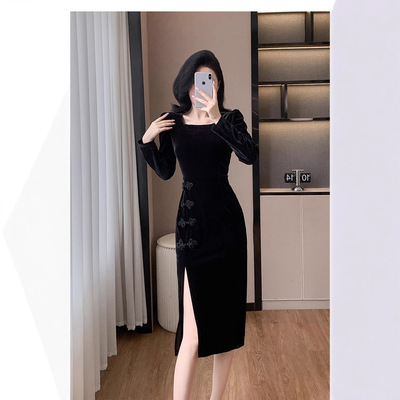 2024秋季新款时尚连衣裙高端气质金丝绒复古长袖职业开衩改良旗袍