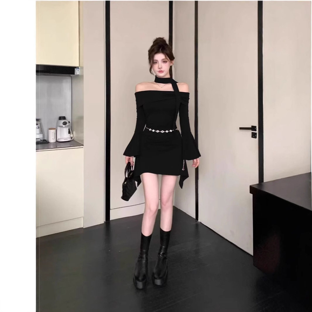 飘带挂脖紫色连衣裙女秋冬名媛收腰包臀小妈短裙一字肩喇叭袖裙子