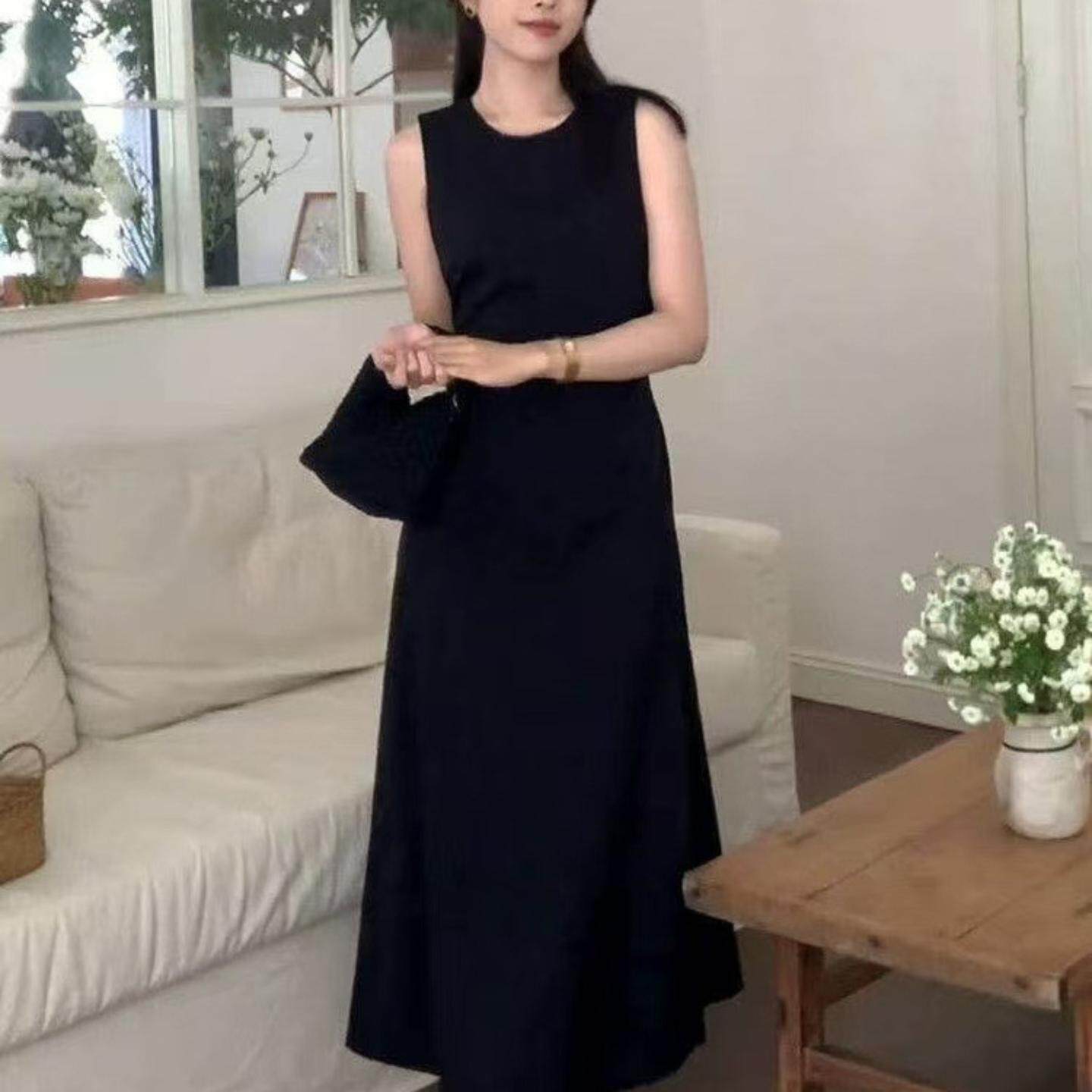 欧美黑色袖背心连衣裙女夏季茶歇