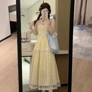 法式温柔风糖果甜心中长裙女夏季收腰显瘦蕾丝拼接吊带连衣裙