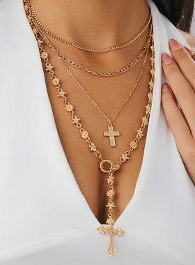 欧美跨境甜酷ins小花链条项链套