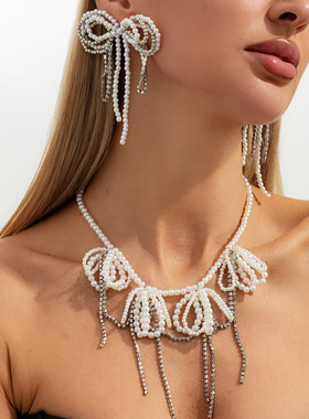 欧美跨境气质仿珍珠蝴蝶结串珠项