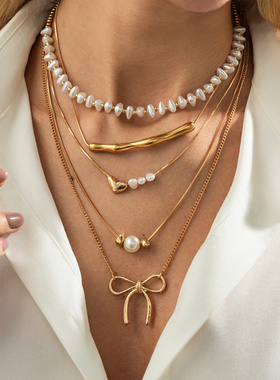 欧美跨境ins风仿珍珠串珠叠戴项