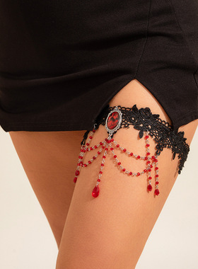 欧美哥特风纯欲蕾丝leg chain血滴红色仿水晶性感腿环JK流苏腿链