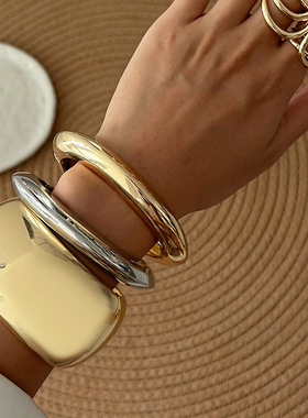 欧美跨境夸张重工金属光面宽手镯女 时尚ins风几何弹簧扣手环女