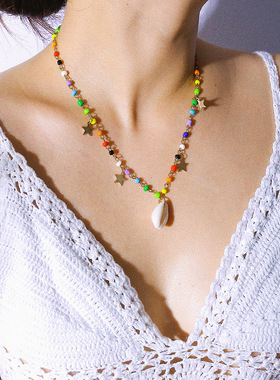 欧美彩色米珠波西米亚星星项饰简