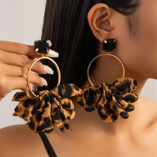 欧美跨境朋克夸张豹纹大耳环earrings 布艺波点印花几何圆环耳钉