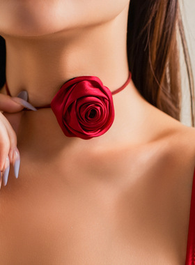 欧美跨境饰品复古打结choker布艺花朵项圈气质绒布山茶花缠绕颈链