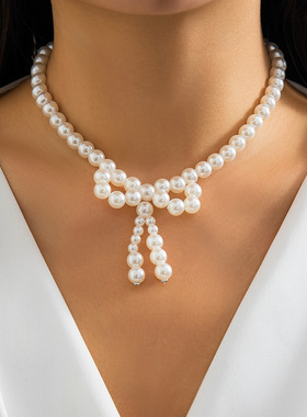 欧美跨境饰品气质仿珍珠蝴蝶结项