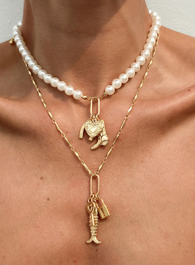 欧美跨境气质仿珍珠串珠爱心鱼骨