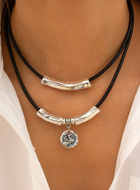 欧美跨境民族风浮雕吊坠短款choker项圈女 复古双层金属弯管项饰