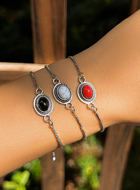 欧美跨境饰品 复古吊坠可调节松石手链 民族风单层盒子链条手饰