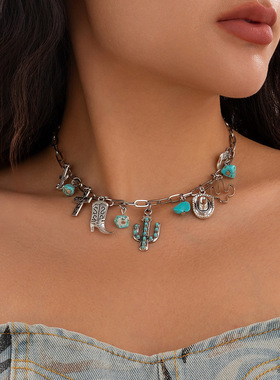 欧美跨境叠戴西部牛仔帽吊坠项链